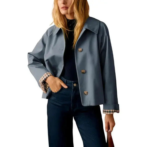 Cropped Women’s Trench Coat – Oversized Casual Jacket with Classic Collar & Checkered Lining