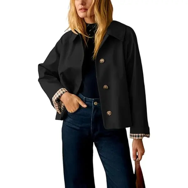 Cropped Women’s Trench Coat – Oversized Casual Jacket with Classic Collar & Checkered Lining