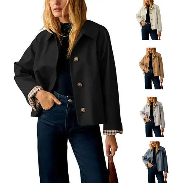 Cropped Women’s Trench Coat – Oversized Casual Jacket with Classic Collar & Checkered Lining