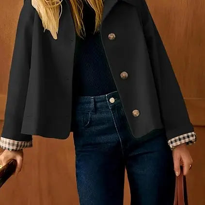 Cropped Women’s Trench Coat – Oversized Casual Jacket with Classic Collar & Checkered Lining