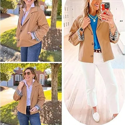 Cropped Women’s Trench Coat – Oversized Casual Jacket with Classic Collar & Checkered Lining