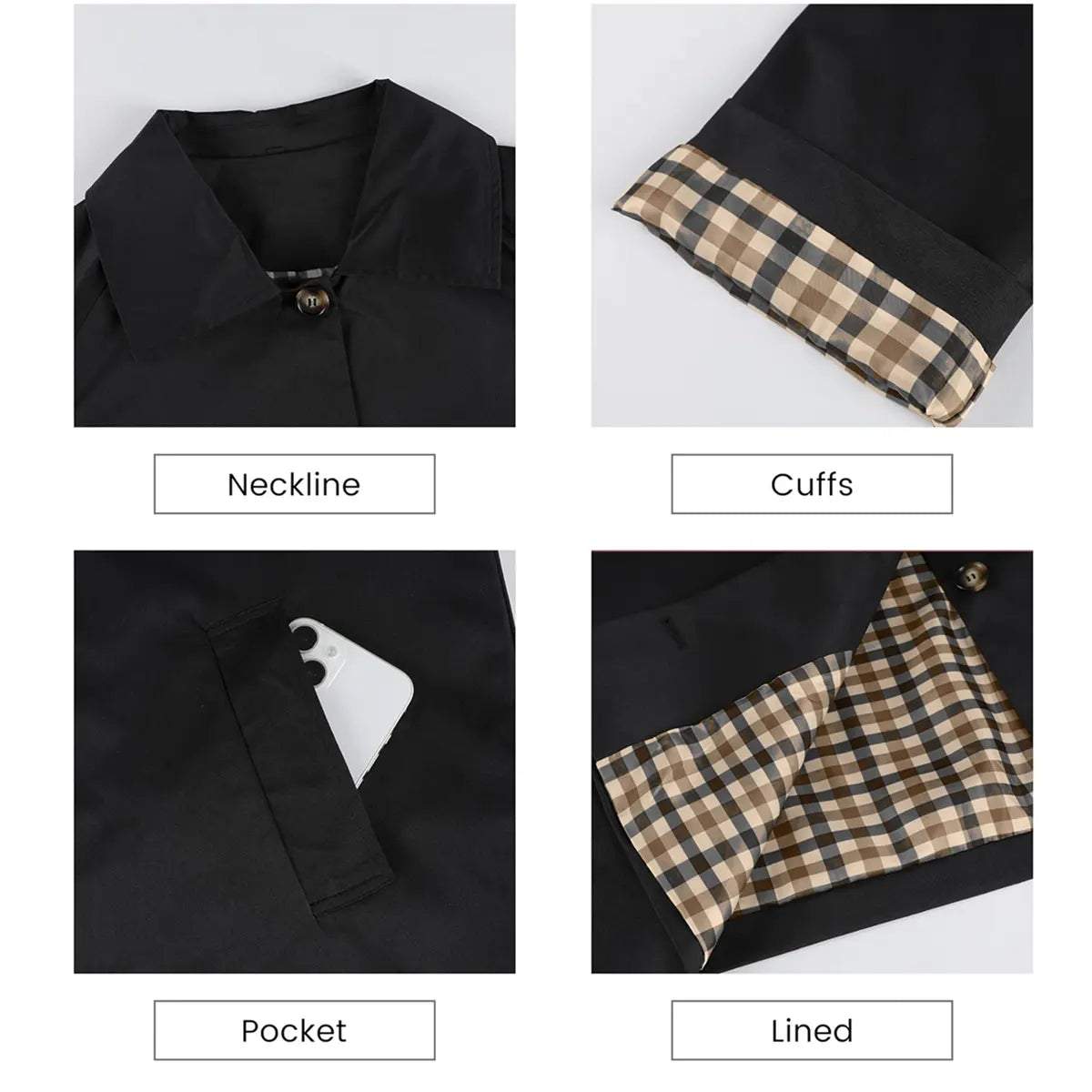Cropped Women’s Trench Coat – Oversized Casual Jacket with Classic Collar & Checkered Lining