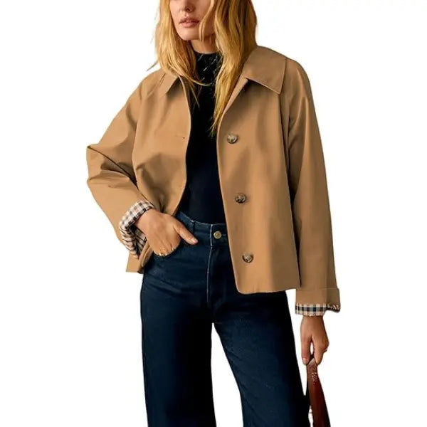 Cropped Women’s Trench Coat – Oversized Casual Jacket with Classic Collar & Checkered Lining