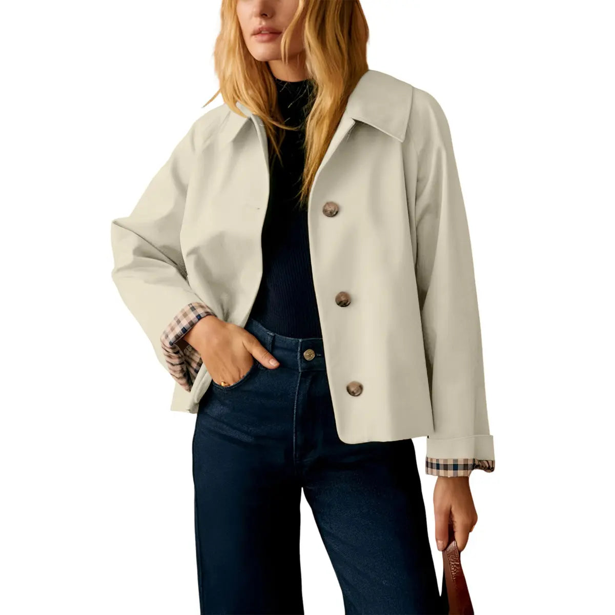 Cropped Women’s Trench Coat – Oversized Casual Jacket with Classic Collar & Checkered Lining