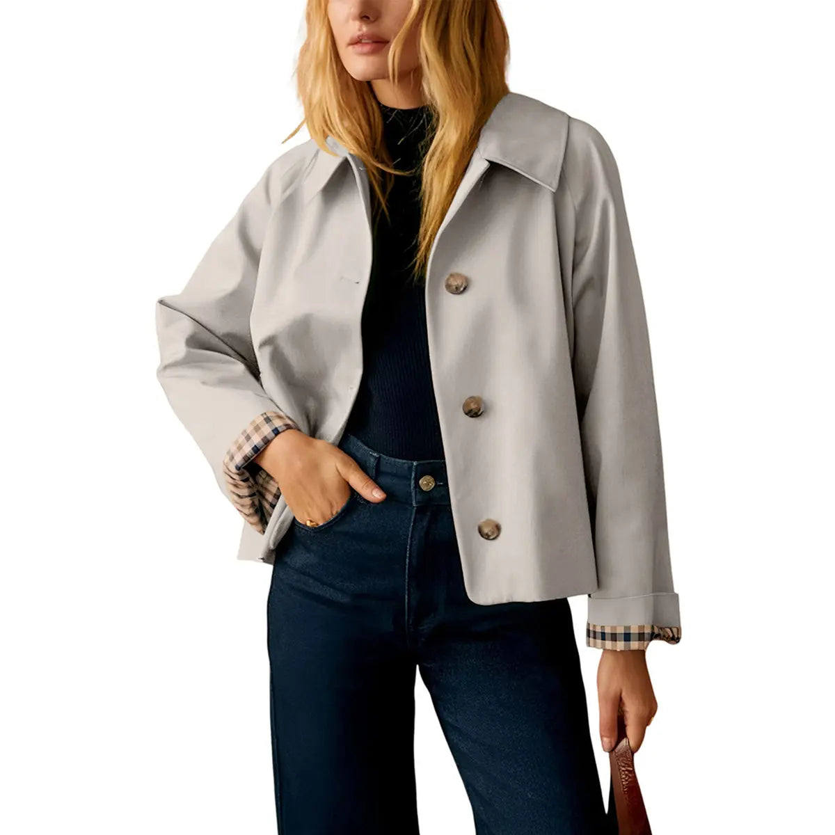 Cropped Women’s Trench Coat – Oversized Casual Jacket with Classic Collar & Checkered Lining